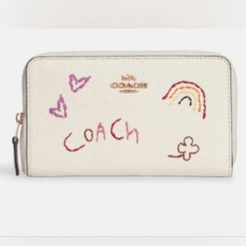 COACH Medium ID Zip Wallet With Diary Embroidery in Gold/ Chalk